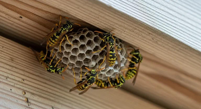 Nid de guêpes sous l’avant-toit en bois d’une maison