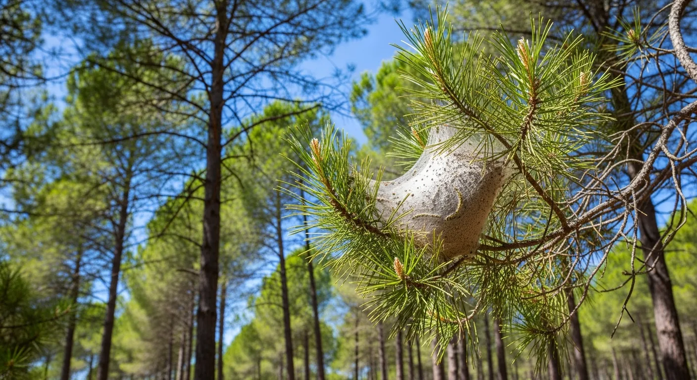 Nid soyeux de chenilles processionnaires sur une branche de pin
