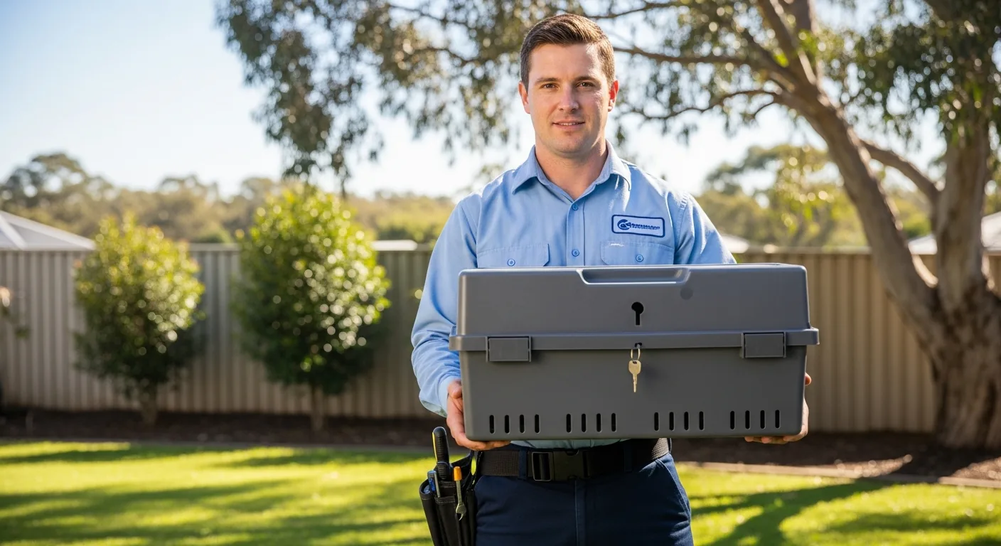 Technicien tenant un poste d’appâtage sécurisé en extérieur