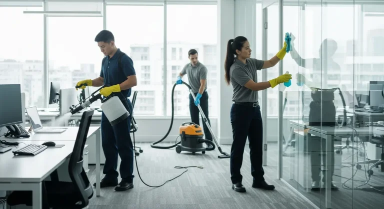 Bureaux modernes en cours de nettoyage et désinfection professionnelle