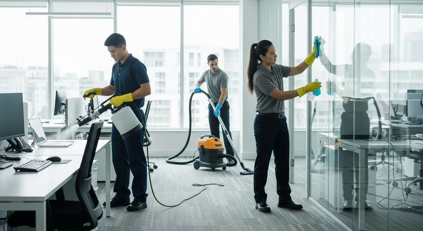 Bureaux modernes en cours de nettoyage et désinfection professionnelle