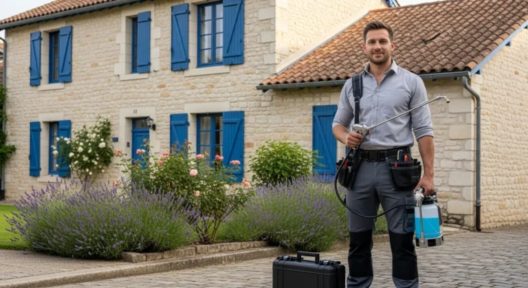 Technicien antiparasitaire en uniforme devant une maison en France