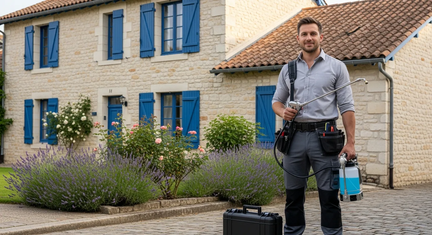 Technicien antiparasitaire en uniforme devant une maison en France